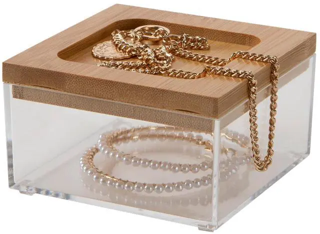 Alt view image 4 of 7 - Simplify Square Clear Jewelry and Cosmetic Organizer Box with Bamboo Lid