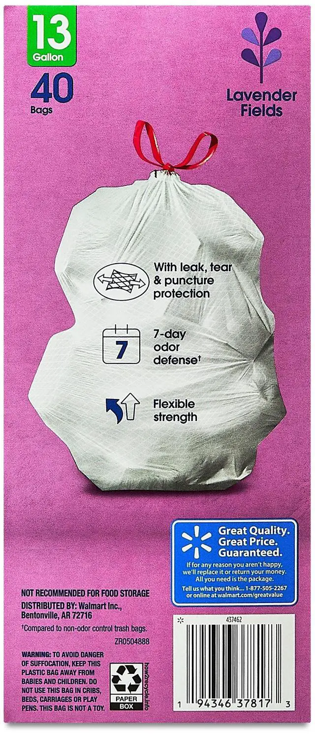 Alt view image 5 of 7 - Great Value Strong Flex 13-Gallon Drawstring Tall Kitchen Trash Bags, Lavender Fields, 40 Bags