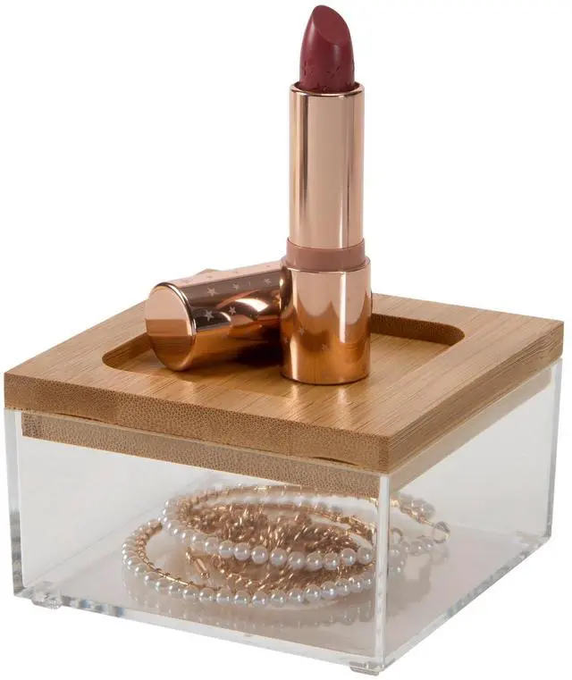 Alt view image 5 of 7 - Simplify Square Clear Jewelry and Cosmetic Organizer Box with Bamboo Lid