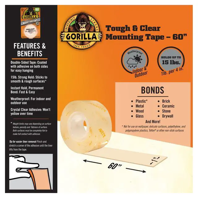 Alt view image 5 of 7 - Gorilla Tough & Clear Double-Sided Mounting Tape, 60" Roll-1 Pack/ Model 6065201, New