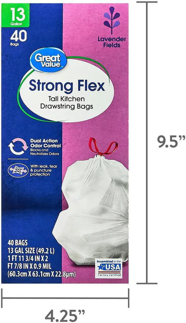 Alt view image 6 of 7 - Great Value Strong Flex 13-Gallon Drawstring Tall Kitchen Trash Bags, Lavender Fields, 40 Bags