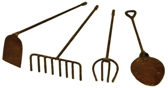 Main image of G & F Fairy Garden Miniature Tool Set, Metal Decorative Spade, Pitchfork, Rake and Hoe, Brown, 1 Set
