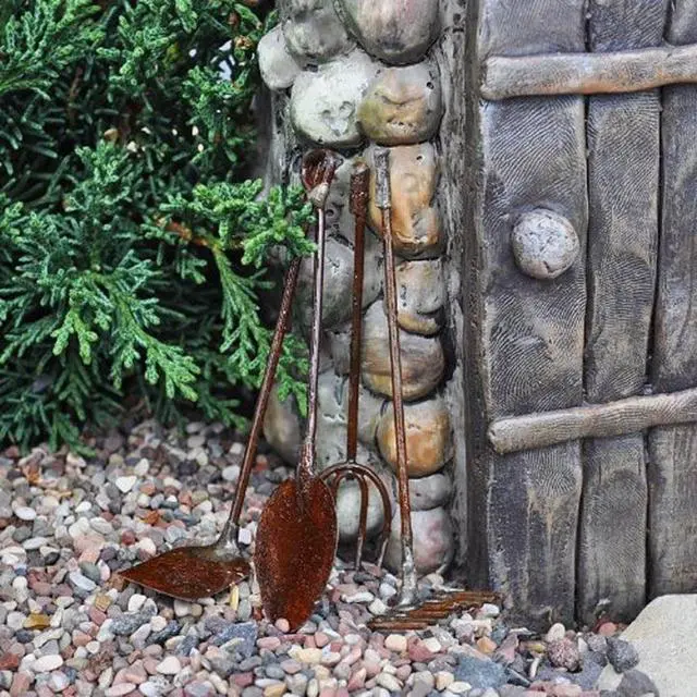 Alt view image 2 of 7 - G & F Fairy Garden Miniature Tool Set, Metal Decorative Spade, Pitchfork, Rake and Hoe, Brown, 1 Set