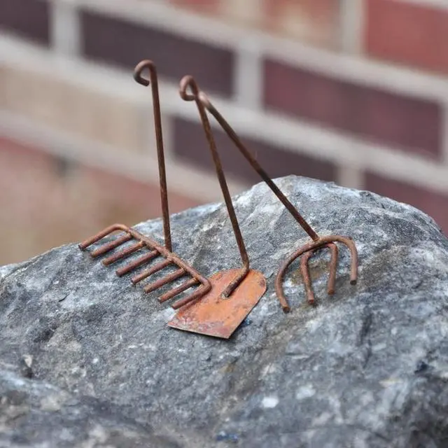 Alt view image 5 of 7 - G & F Fairy Garden Miniature Tool Set, Metal Decorative Spade, Pitchfork, Rake and Hoe, Brown, 1 Set