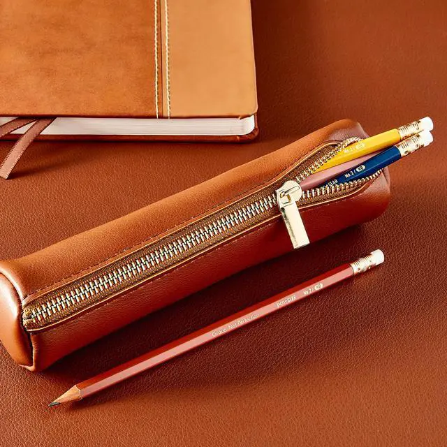 Alt view image 4 of 5 - Pen + Gear Simulated Leather Pencil Pouch, Zipper Pull, Cognac Brown