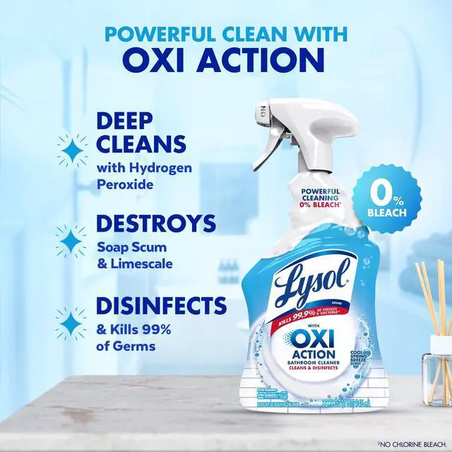 Alt view image 2 of 7 - Lysol Bathroom Cleaner OXI Action Spray, Cleaning, Sanitizing, & Disinfecting Spray with Hydrogen Peroxide, Bleach Free, Cool Spring Breeze Scent, 32 fl oz
