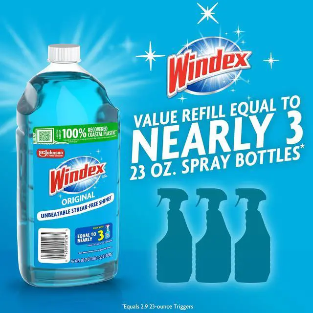Alt view image 8 of 13 - Windex Glass, Window, and Mirror Cleaner Refill, Original Blue, 67.6 fl oz