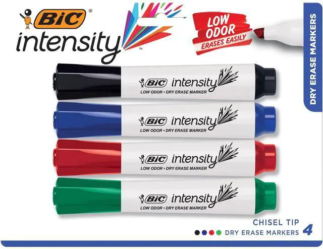 Main image of BIC Intensity Low Odor Dry Erase Marker, Chisel Tip, Tank Style, Assorted Colors, 4 Count