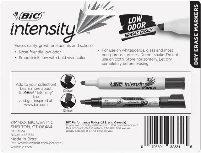 Alt view image 7 of 7 - BIC Intensity Low Odor Dry Erase Marker, Chisel Tip, Tank Style, Assorted Colors, 4 Count