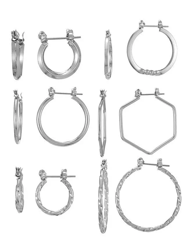 Alt view image 3 of 5 - Time And Tru Essentials Multi Ear Silver Hoop Earrings, 6 Pack