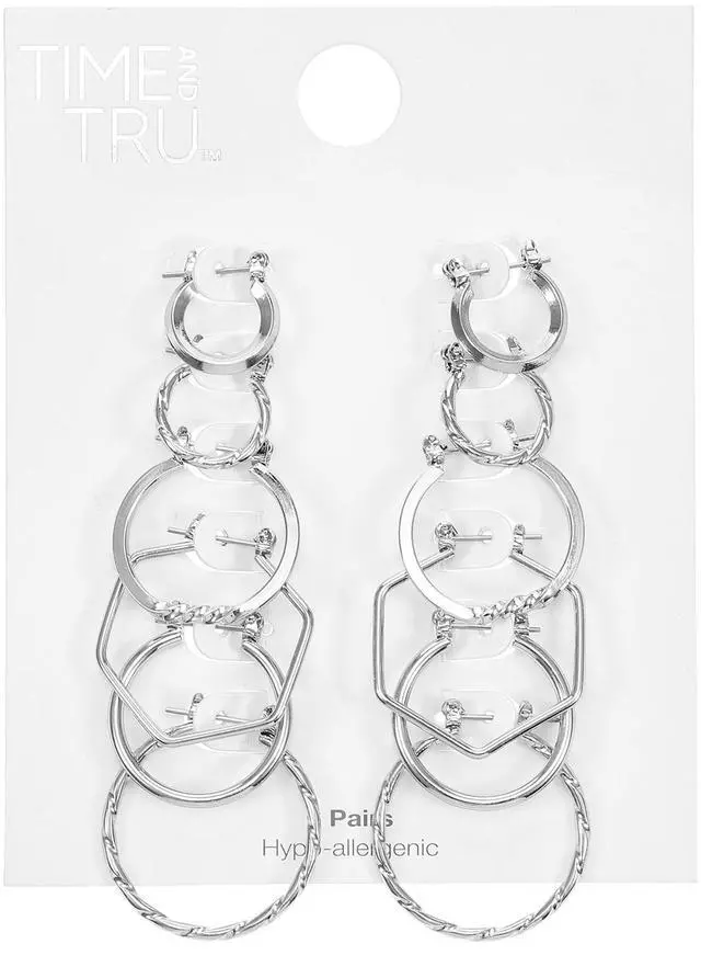 Main image of Time And Tru Essentials Multi Ear Silver Hoop Earrings, 6 Pack