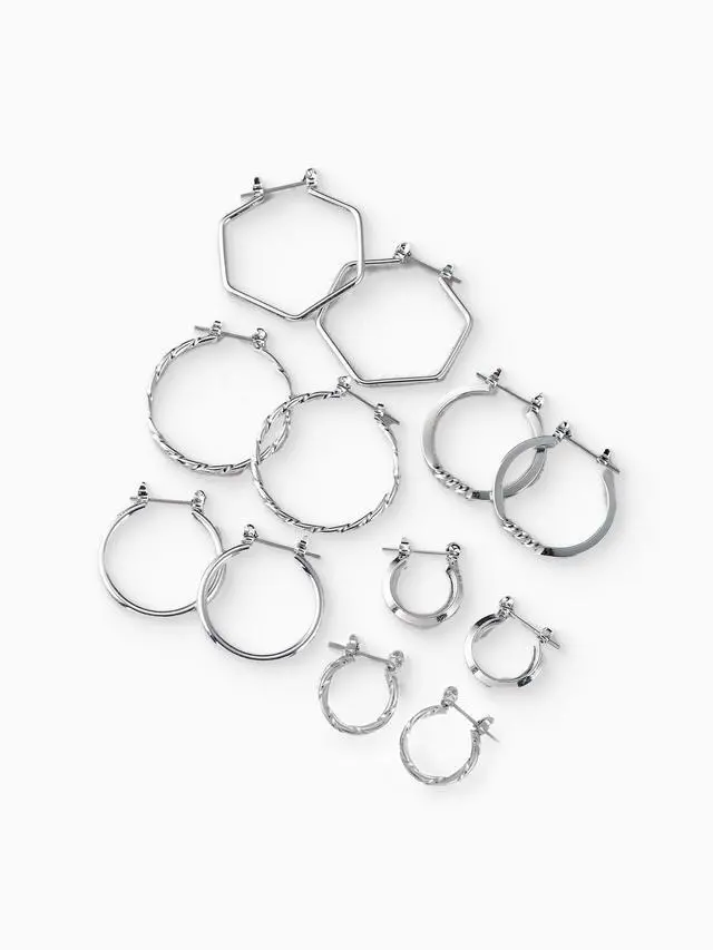 Alt view image 4 of 5 - Time And Tru Essentials Multi Ear Silver Hoop Earrings, 6 Pack