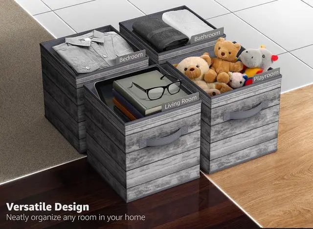 Alt view image 3 of 7 - Sorbus Foldable Storage Bins - 11" Collapsible Wood-Look Fabric Cubes with Handle for Clothes & Toys, Gray