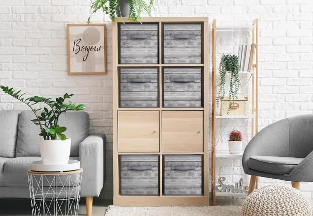Alt view image 6 of 7 - Sorbus Foldable Storage Bins - 11" Collapsible Wood-Look Fabric Cubes with Handle for Clothes & Toys, Gray