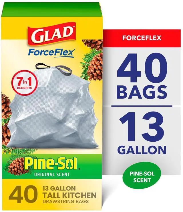 Main image of Glad ForceFlex 13-Gallon Drawstring Tall Kitchen Trash Bags, Pine-Sol Original Scent, 40 Bags