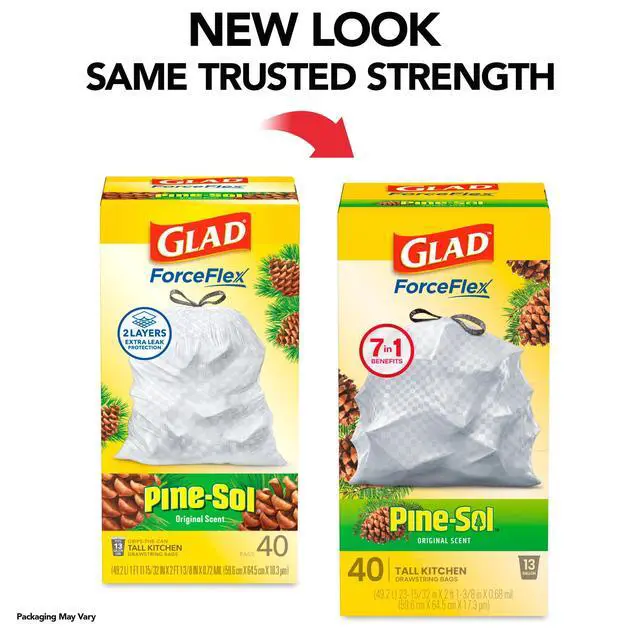 Alt view image 6 of 6 - Glad ForceFlex 13-Gallon Drawstring Tall Kitchen Trash Bags, Pine-Sol Original Scent, 40 Bags