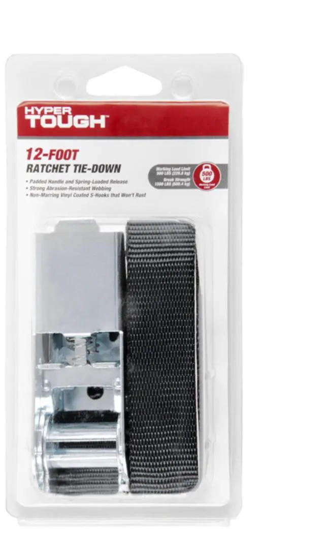 Main image of (2 pack) Hyper Tough 12 ft x 1 in Black Ratchet Tie-Down with Coated S-Hooks