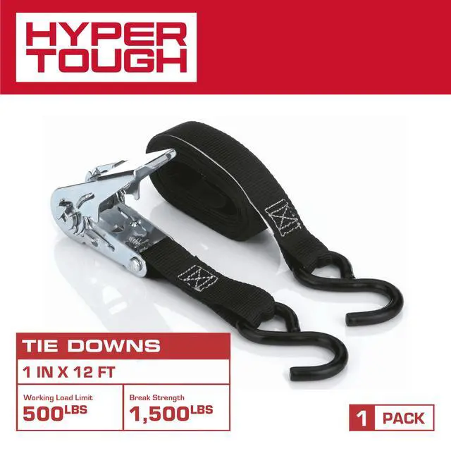 Alt view image 3 of 7 - (2 pack) Hyper Tough 12 ft x 1 in Black Ratchet Tie-Down with Coated S-Hooks