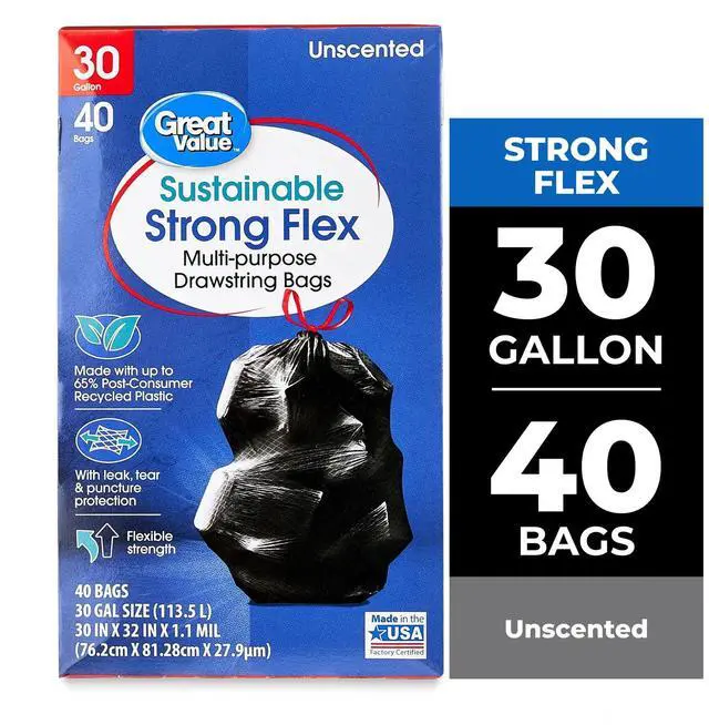 Main image of Great Value Sustainable Strong Flex Multi-Purpose Drawstring Bags, 30 Gallon, 40 Count