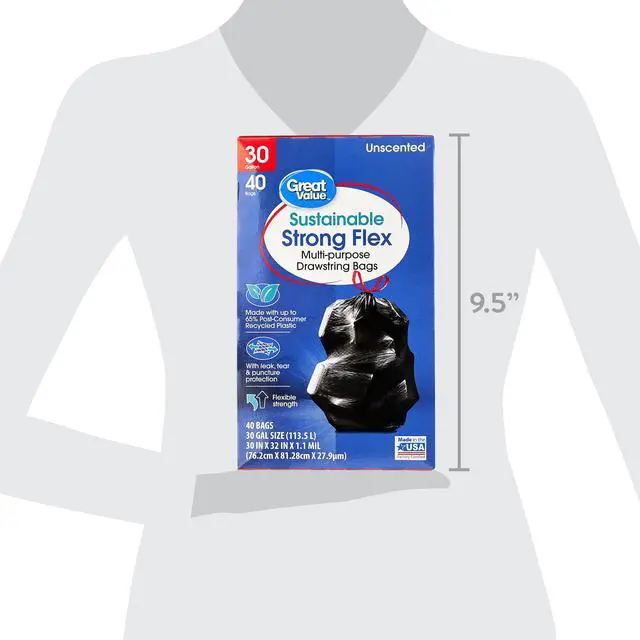 Alt view image 5 of 7 - Great Value Sustainable Strong Flex Multi-Purpose Drawstring Bags, 30 Gallon, 40 Count