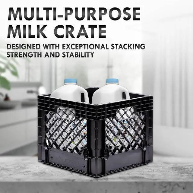 Alt view image 2 of 6 - Juggernaut Storage 16QT Heavy-Duty Plastic Milk Crate Black with Built-in Handles