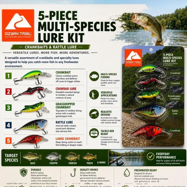 Alt view image 3 of 7 - Ozark Trail 5-Piece Multi-Species Fishing Lure Kit with Crankbaits & Rattle Lure