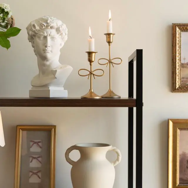 Alt view image 3 of 7 - Home Decor Collection Sterling & Noble Home Gold Metal 5.91" Indoor Tabletop Taper Candleholder with Bow Accent