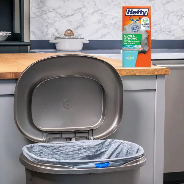 Alt view image 2 of 7 - Hefty Ultra Strong 13 Gallon Trash Bags, Tall Kitchen Trash Bags Made with Recovered Materials, Including Coastal Plastic, Gray, Seaside Breeze Scent, 40 Bags