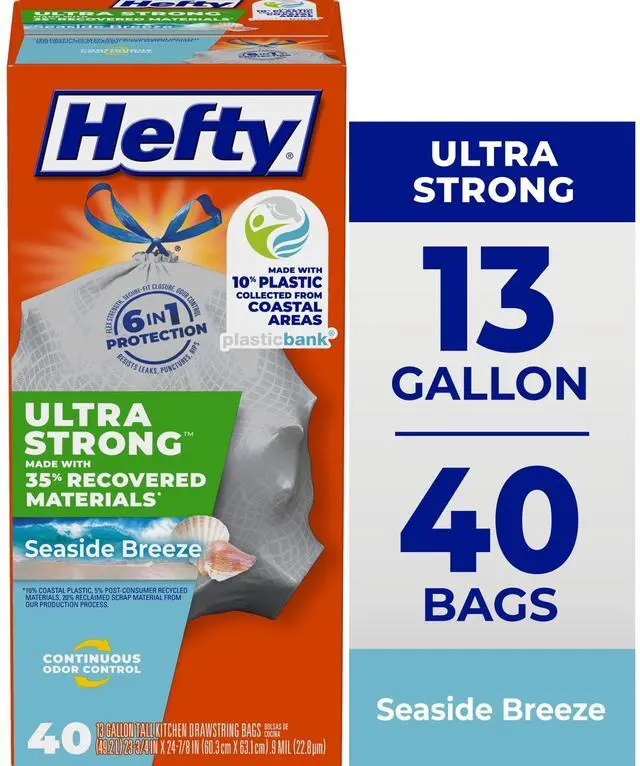 Alt view image 4 of 7 - Hefty Ultra Strong 13 Gallon Trash Bags, Tall Kitchen Trash Bags Made with Recovered Materials, Including Coastal Plastic, Gray, Seaside Breeze Scent, 40 Bags