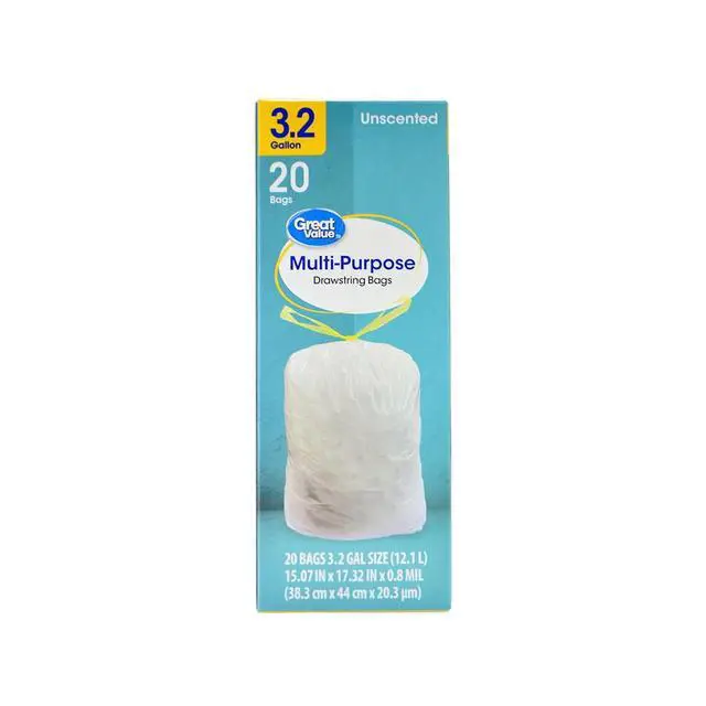 Alt view image 2 of 6 - (2 pack) Great Value 3.2 gal Drawstring Trash Bags, Unscented, 20 Bags