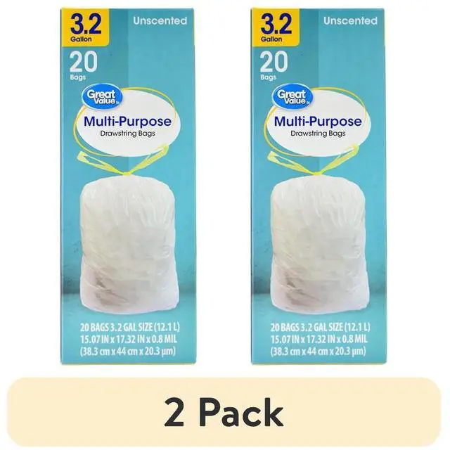 Main image of (2 pack) Great Value 3.2 gal Drawstring Trash Bags, Unscented, 20 Bags