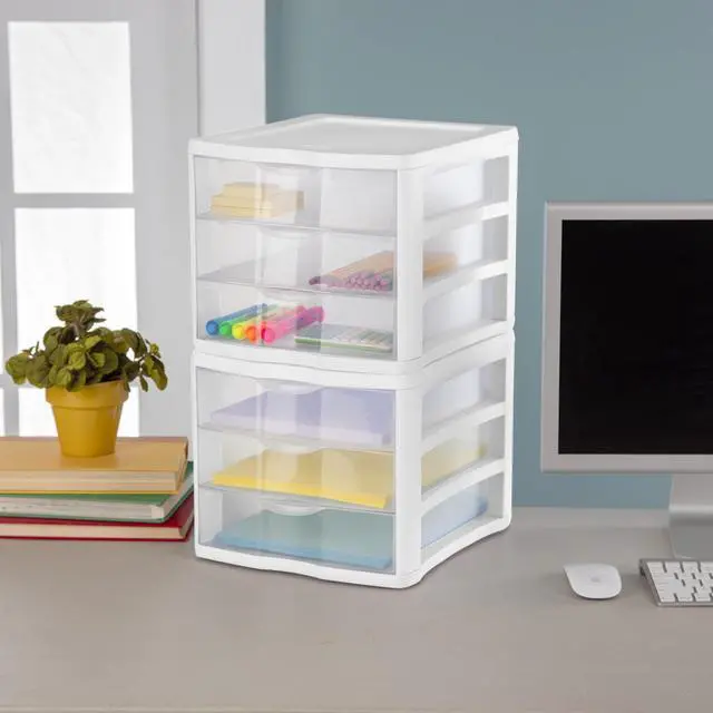 Alt view image 2 of 7 - Sterilite 3 Drawer Unit, Countertop Organizer, Clear Storage Solution for Desks, Countertops, and Shelves, White