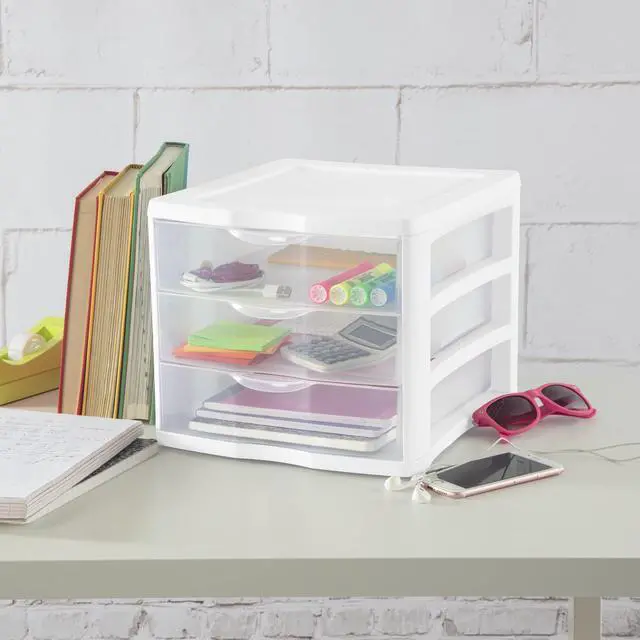 Alt view image 3 of 7 - Sterilite 3 Drawer Unit, Countertop Organizer, Clear Storage Solution for Desks, Countertops, and Shelves, White
