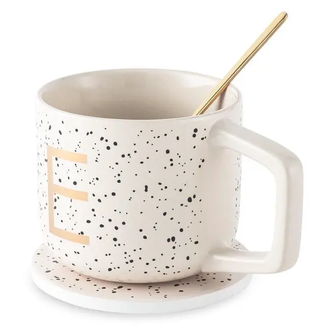 Alt view image 4 of 5 - Thyme & Table 13.5 fl oz Monogram E Stoneware Mug, Coaster and Stir Set