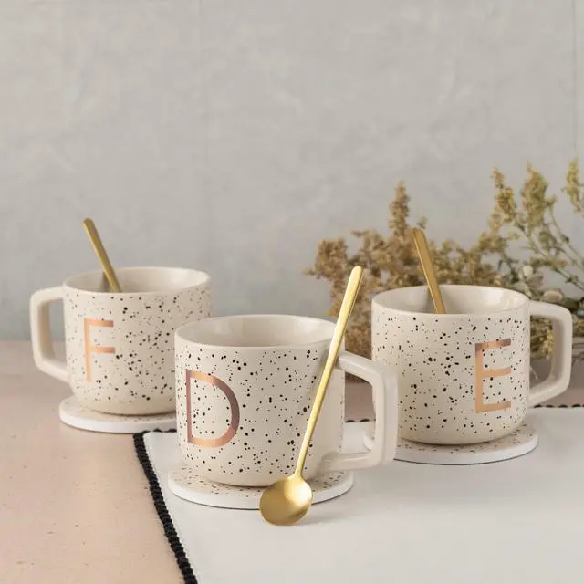 Main image of Thyme & Table 13.5 fl oz Monogram E Stoneware Mug, Coaster and Stir Set