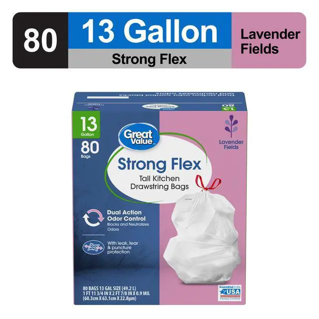 Alt view image 4 of 7 - Great Value Strong Flex Tall Kitchen Drawstring Garbage Bags, Lavender Fields, 13 Gallon, 80 Count