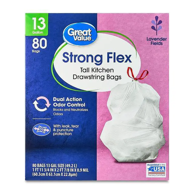 Alt view image 2 of 7 - Great Value Strong Flex Tall Kitchen Drawstring Garbage Bags, Lavender Fields, 13 Gallon, 80 Count