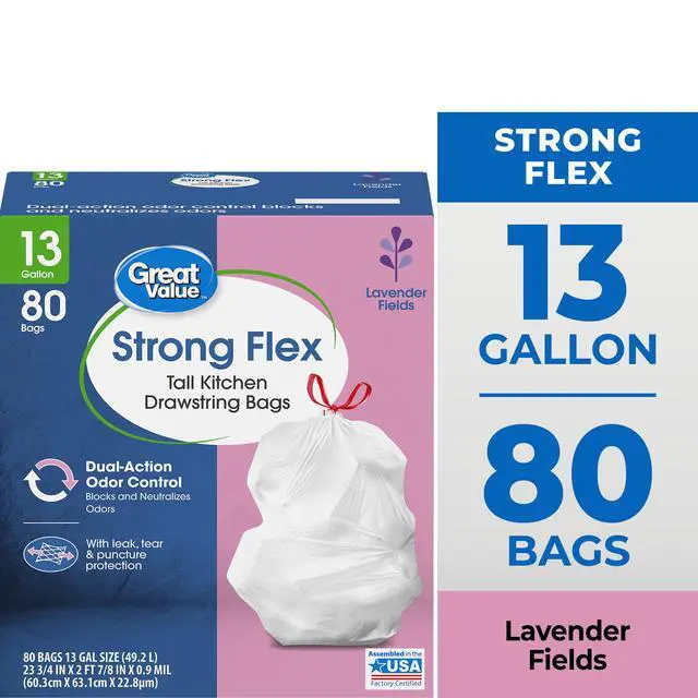 Alt view image 5 of 7 - Great Value Strong Flex Tall Kitchen Drawstring Garbage Bags, Lavender Fields, 13 Gallon, 80 Count