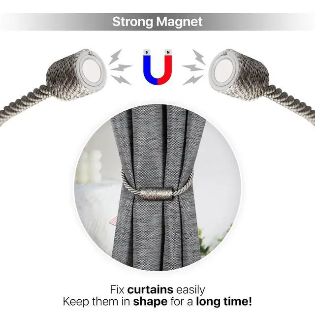Alt view image 2 of 6 - Mainstays 2-Pack Magnetic Tiebacks for Curtains, 18 Inch - Gray