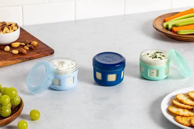 Alt view image 5 of 5 - Ello Duraglass Reusable Glass Condiment Containers with Leak Proof Plastic Lid, 4 oz, Set of 3