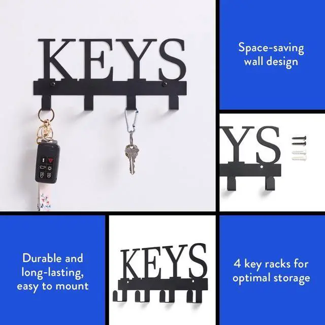 Main image of Mainstays 10 inch Shelf Mail and Key Wall Mount Rack Organizer with 4 Key Hooks for Leashes, Keychains, 2 lbs Capacity, Black, 1 Pack