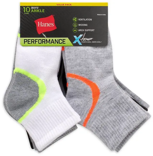 Main image of Hanes Boys' X-Temp Performance Ankle Socks, 10 Pack