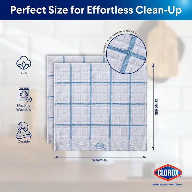 Alt view image 3 of 6 - (2 pack) Clorox Cotton Dish Cloths 2 Pack, Absorbent for Cooking, Drying Dishes, Cleaning - (12" x 12") Blue