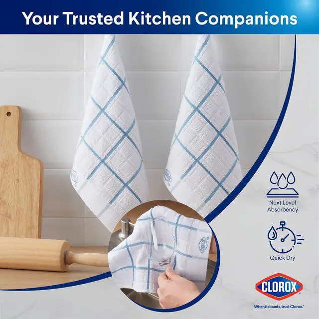 Alt view image 6 of 6 - (2 pack) Clorox Cotton Dish Cloths 2 Pack, Absorbent for Cooking, Drying Dishes, Cleaning - (12" x 12") Blue