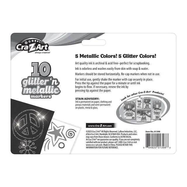 Alt view image 4 of 7 - Cra-Z-Art Glitter and Metallic Art Marker Set, 5 glitter and 5 metallic