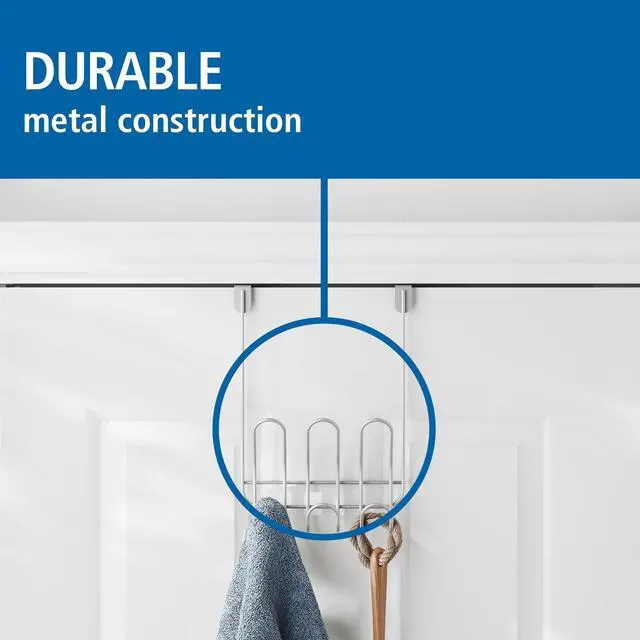 Main image of Mainstays Over-the-Door 3-Hook Rack, Hanging Storage for Towels, Robes, No Drilling, Satin Nickel