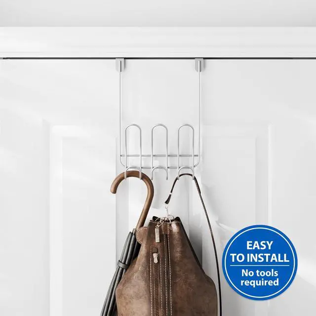 Alt view image 2 of 5 - Mainstays Over-the-Door 3-Hook Rack, Hanging Storage for Towels, Robes, No Drilling, Satin Nickel
