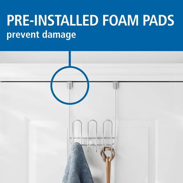 Alt view image 4 of 5 - Mainstays Over-the-Door 3-Hook Rack, Hanging Storage for Towels, Robes, No Drilling, Satin Nickel