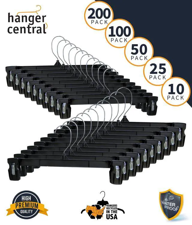 Alt view image 4 of 7 - Hanger Central Recycled Black Heavy Duty Plastic Pants & Skirt Bottom Hangers with Padded Pinch Clips and Polished Metal Swivel Hooks, 14 Inch, 25 Pack