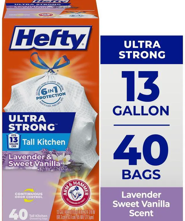 Main image of Hefty Ultra Strong 13 Gallon Trash Bags, Tall Kitchen Trash Bags, White, Lavender and Sweet Vanilla Scent, 40 Bags
